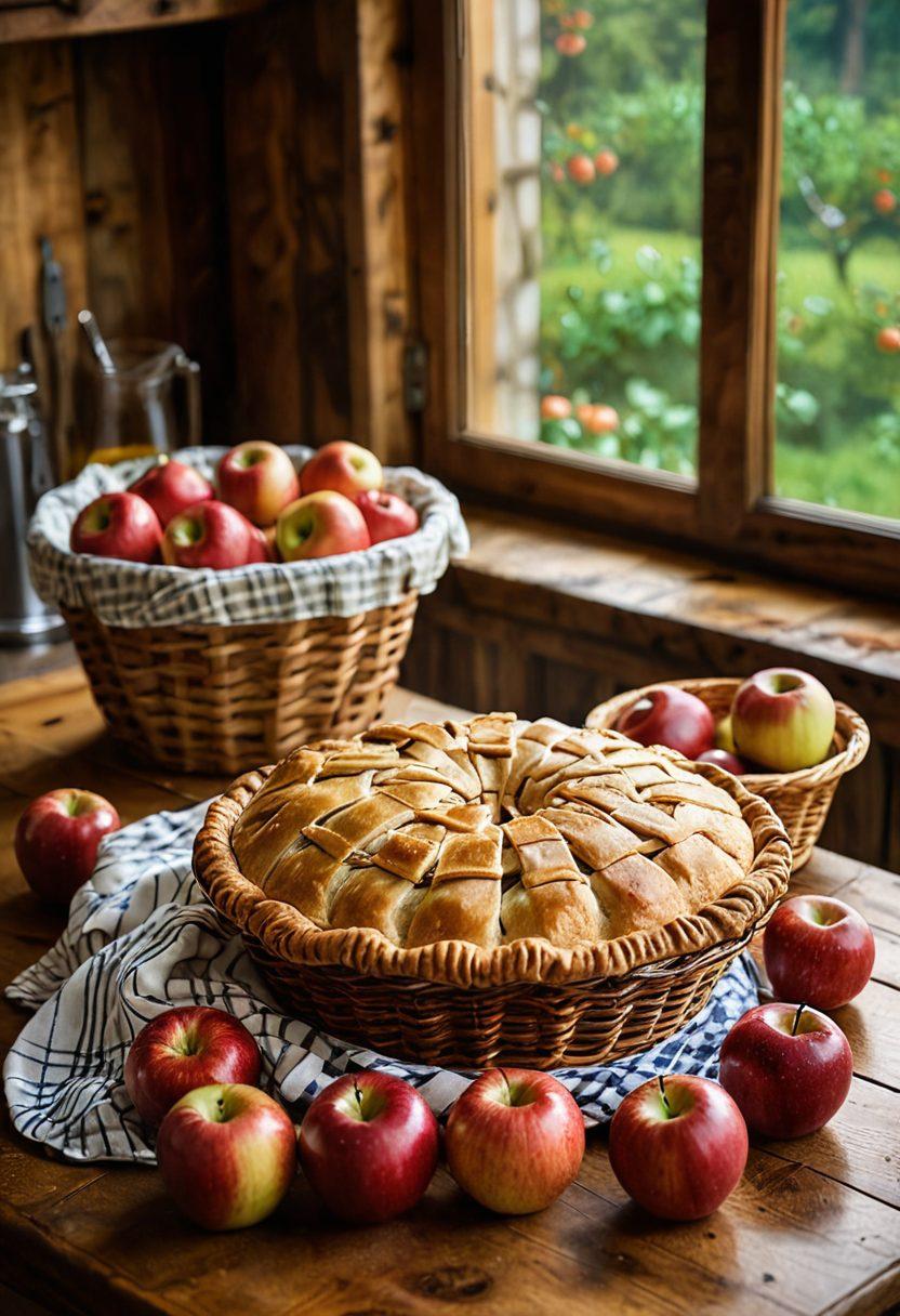 A basket overflowing with vibrant organic apples, a rustic kitchen setting, freshly baked apple pie on a wooden table, and a glass of apple juice. Freshly picked apples in the background. super-realistic. vibrant colors. warm lighting.