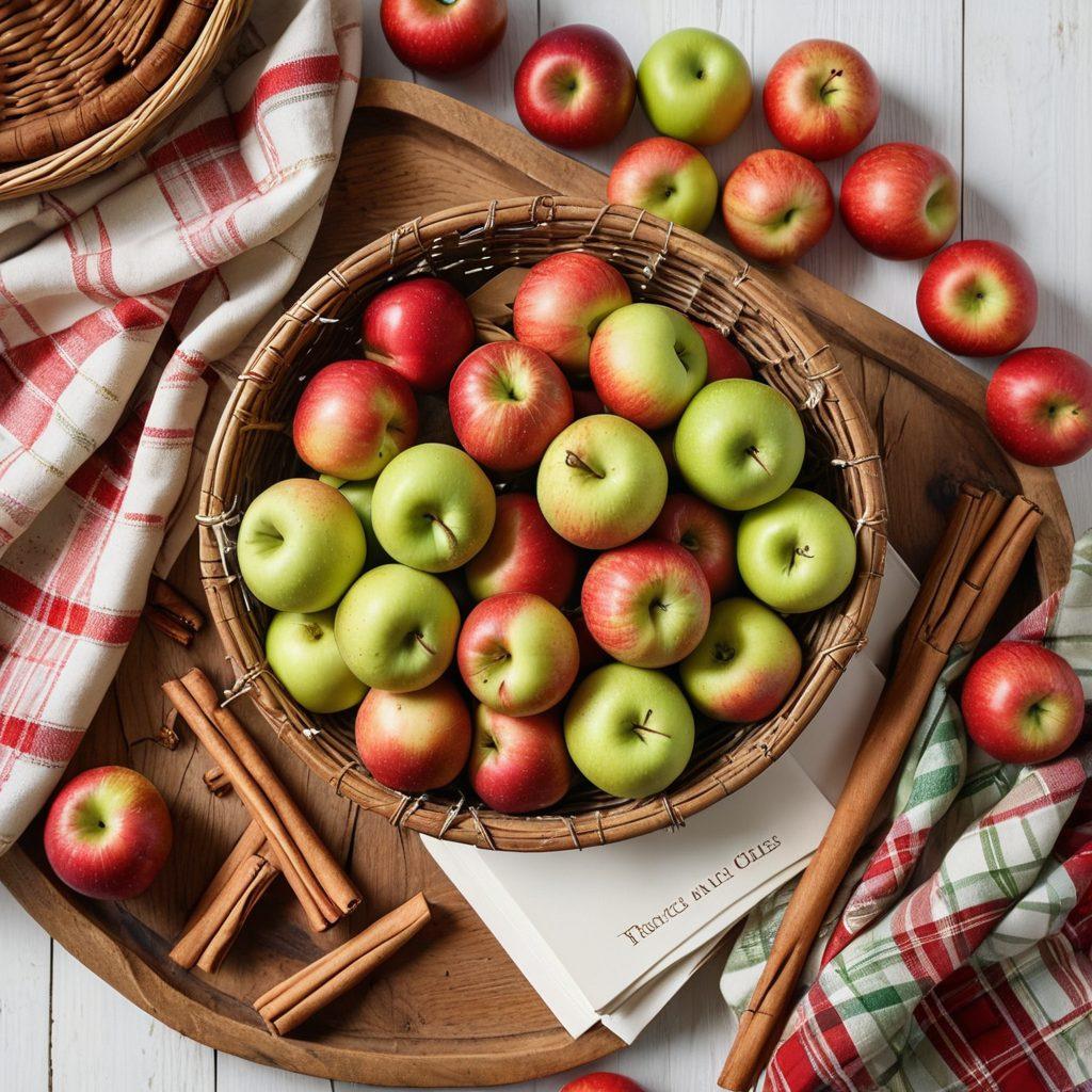 A rustic wooden table adorned with freshly harvested organic apples in vibrant reds and greens, a woven basket overflowing with apples, and an open cookbook displaying delicious apple recipes. Include cozy autumn elements like cinnamon sticks, apple pie, and a plaid cloth. super-realistic. vibrant colors. white background.