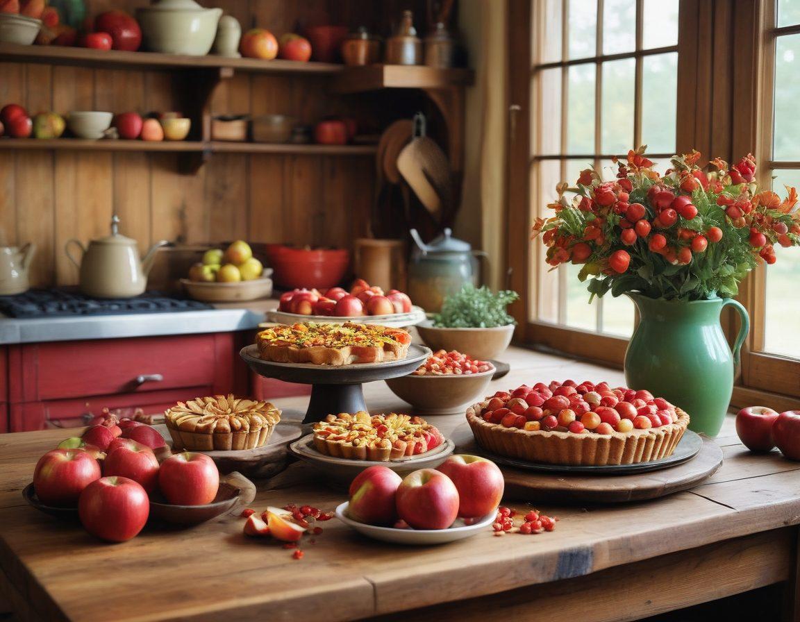 A rustic farmhouse kitchen with a wooden table covered in a bountiful harvest of freshly picked apples in vibrant reds, greens, and yellows. The scene includes an array of gourmet apple desserts like tarts, pies, and caramel-dipped apples, with delicate garnishes and dustings of cinnamon. The atmosphere should radiate warmth, inviting readers to indulge in delicious apple creations. Super-realistic. Vibrant colors. Cozy, rustic aesthetic.